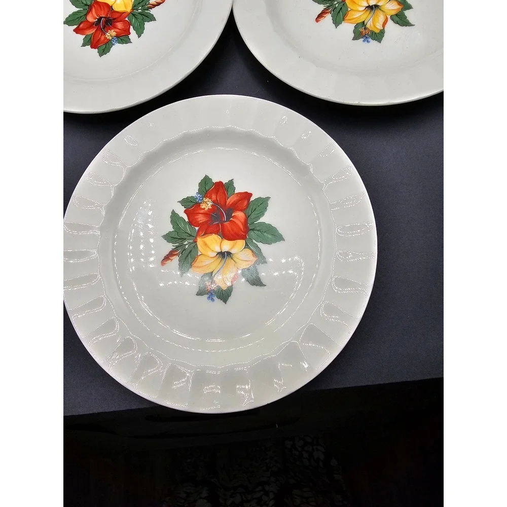 Vintage Cronin China Hibiscus Dessert Plates Set of 8 Red Yellow Floral 6.25in